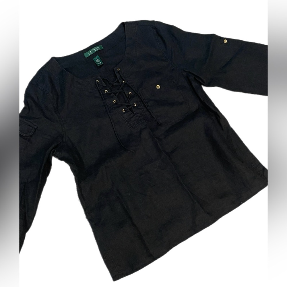 Lauren Ralph Lauren 100% Linen Blouse Women's Black 3/4 Sleeve Coastal Luxury M